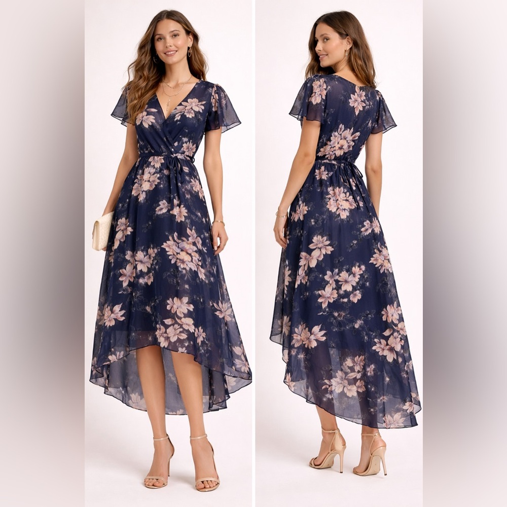 Lulus Navy Floral High Low Feminine Flowy Midi Dress Velvet Detail | Small NWT
